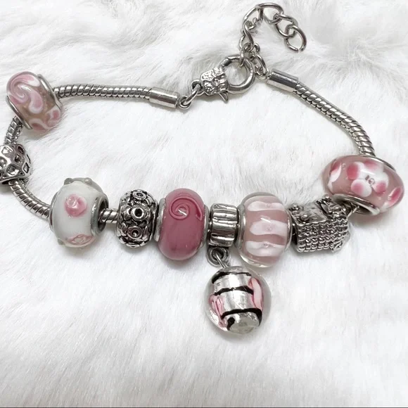 Silver & Pink Glass Bead Charm Bracelet 7-8” - Picture 2 of 10